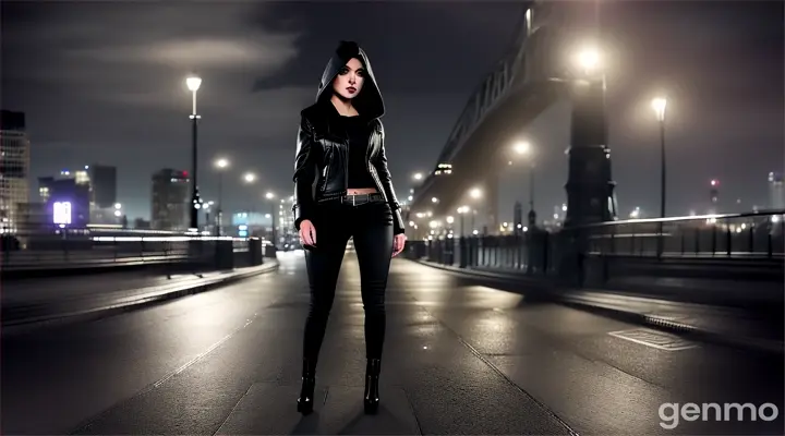 Chica de pelo corto hermosa preciosa caminando una noche oscura de Ciudad gigante y ella con una campera de abrigo con capucha y vestida con un pantalón de jean ajustado que modela su figura sexy y unas botas negras