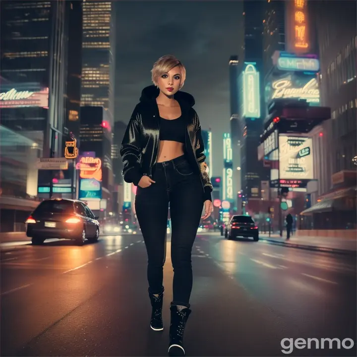 Chica de pelo corto hermosa preciosa caminando una noche oscura de Ciudad gigante y ella con una campera de abrigo con capucha y vestida con un pantalón de jean ajustado que modela su figura sexy y unas botas negras