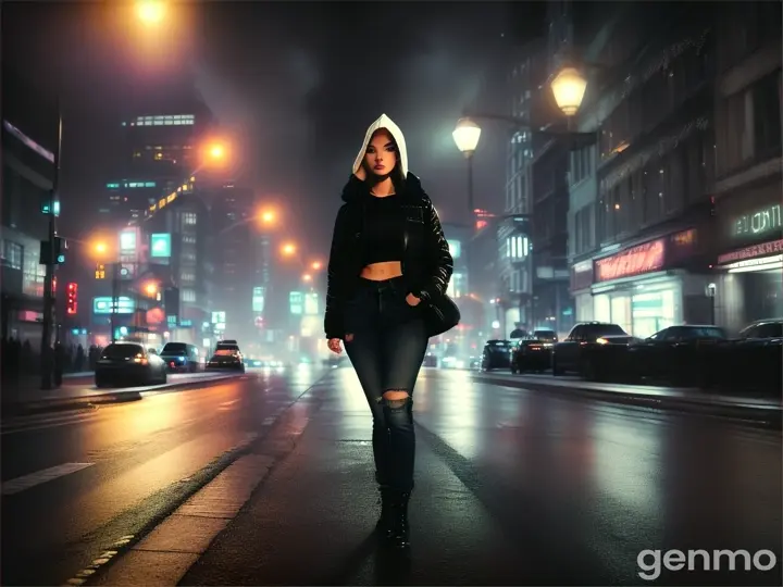 Chica de pelo corto hermosa preciosa caminando una noche oscura de Ciudad gigante y ella con una campera de abrigo con capucha y vestida con un pantalón de jean ajustado que modela su figura sexy y unas botas negras