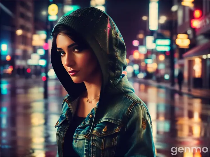 Beautiful woman with short hair walking through a rain-washed city street in slim-fit jeans, hoodie and black boots