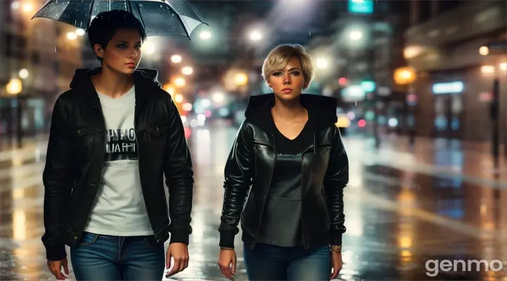 Beautiful woman with short hair walking through a rain-washed city street in slim-fit jeans, hoodie and black boots