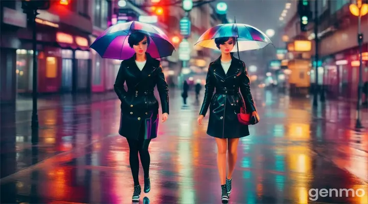 A stylized image of a beautiful woman with short hair walking through a rain-washed city street, with a vibrant and distorted color look