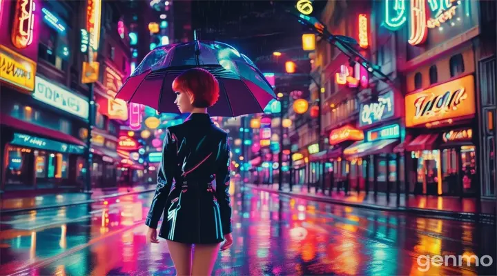 Stylized neon cityscape, beautiful woman with short hair walking in the rain beneath glowing signs and colorful lights