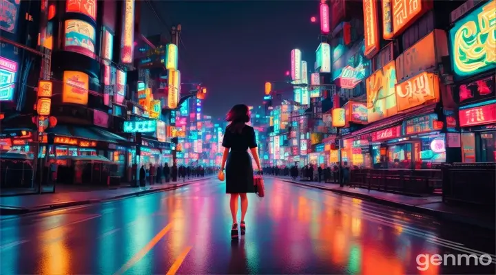 A stylized neon cityscape with a beautiful woman walking beneath glowing signs in Tokyo