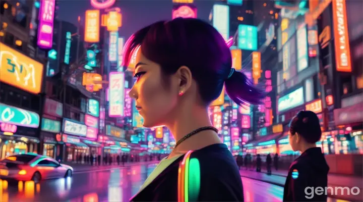 A stylized neon cityscape with a beautiful woman walking beneath glowing signs in Tokyo