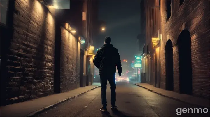 Hombre en la noche caminando en la ciudad y abriendo los brazos hacia el cielo como implorando