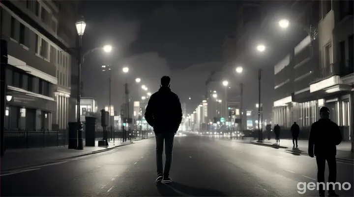 Hombre en la noche caminando en la ciudad y abriendo los brazos hacia el cielo como implorando