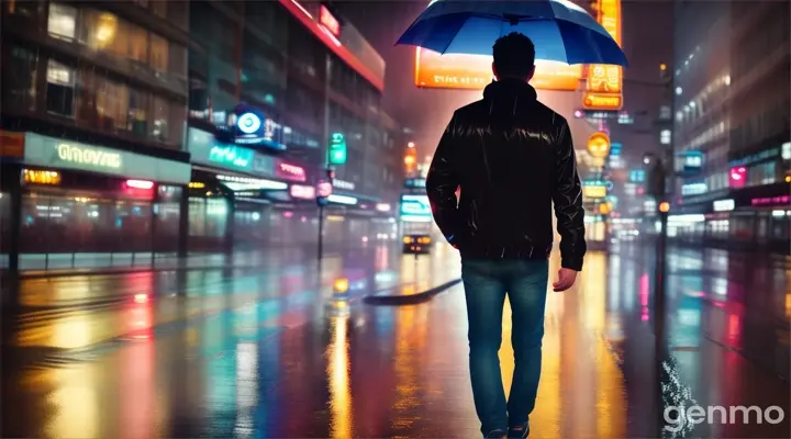 Hombre en la noche caminando en la ciudad y abriendo los brazos hacia el cielo como implorando una noche con luces de neón y un ambiente lluvia