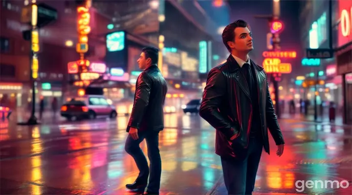 A man looking up at neon signs and lights in a rainy city street scene