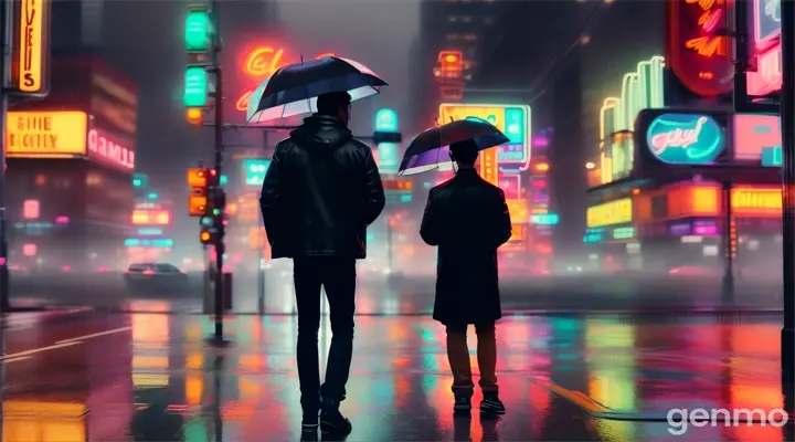 A man looking up at neon signs and lights in a rainy city street scene