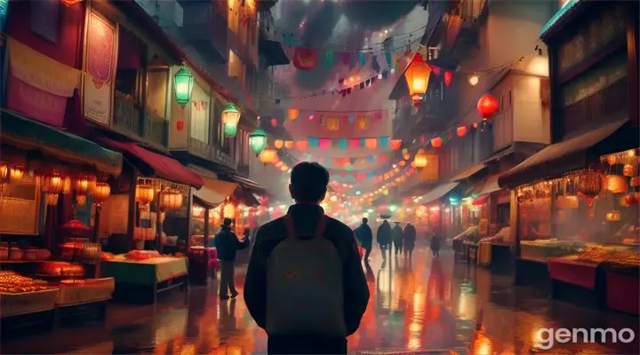 A man wandering a bustling, exotic bazaar illuminated by a tapestry of lanterns, a moody downpour in the background