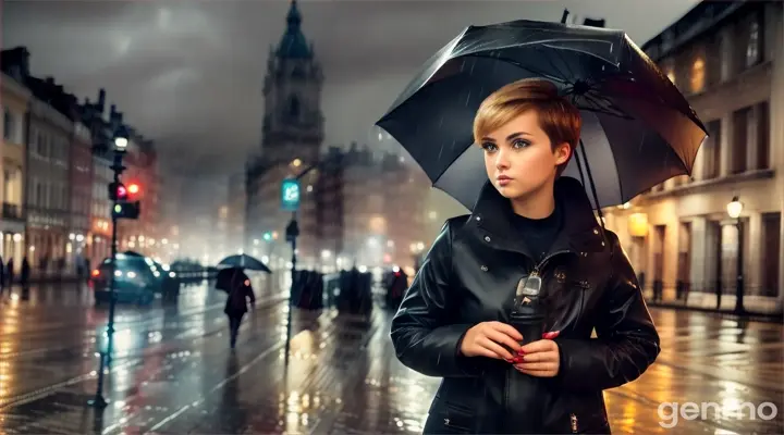 Chica caminando por la ciudad pura lluvia y relámpagueando la chica es de pelo corto y 