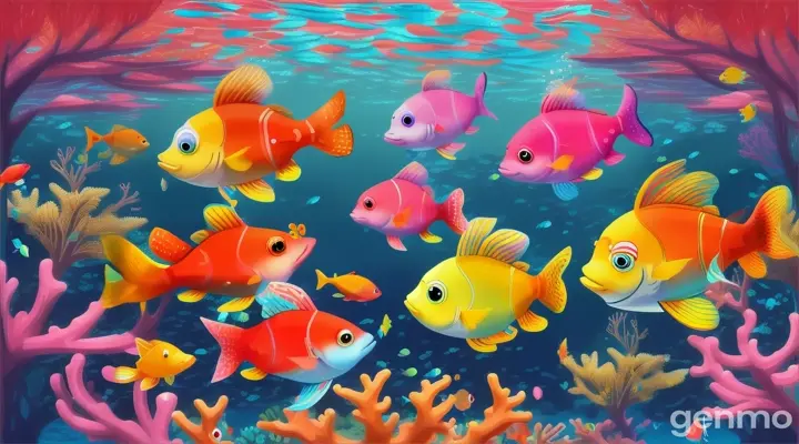 16;9 create Cartoon scene of seven colorful fish swimming joyfully in a vibrant coral reef. The fish sing, "Seven little fish, swimming in the sea, Glub, glub, glub, happy as can be."

