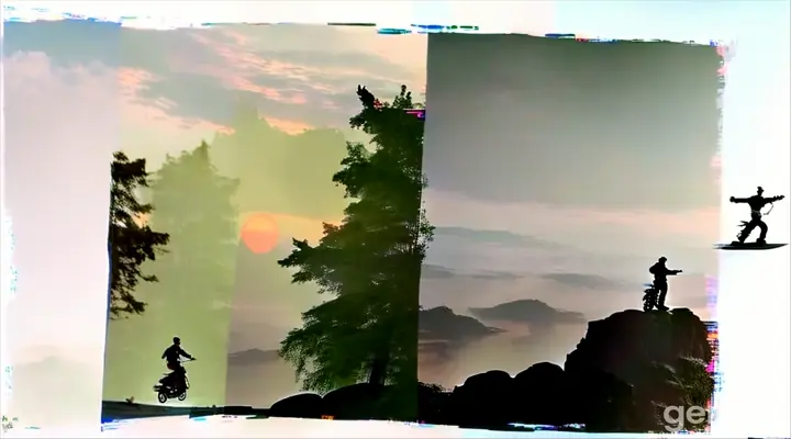 a man standing on top of a rock next to a picture of a person riding his motorbike 