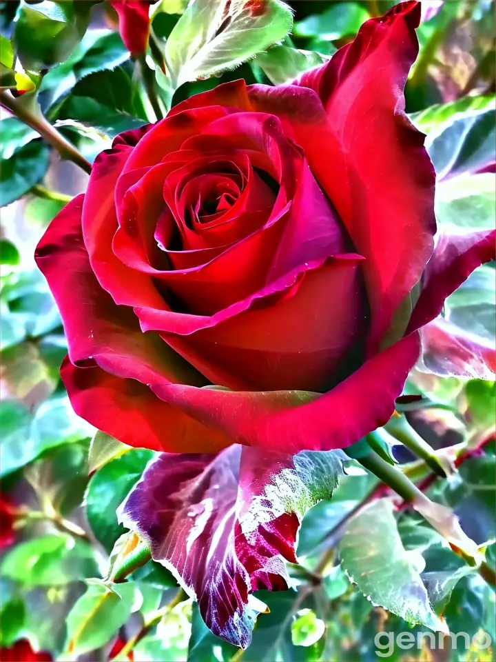 a close up of a red rose with green leaves