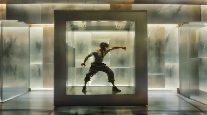 a man is dancing in a glass box