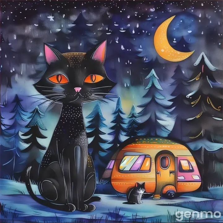 a painting of a cat sitting next to a camper