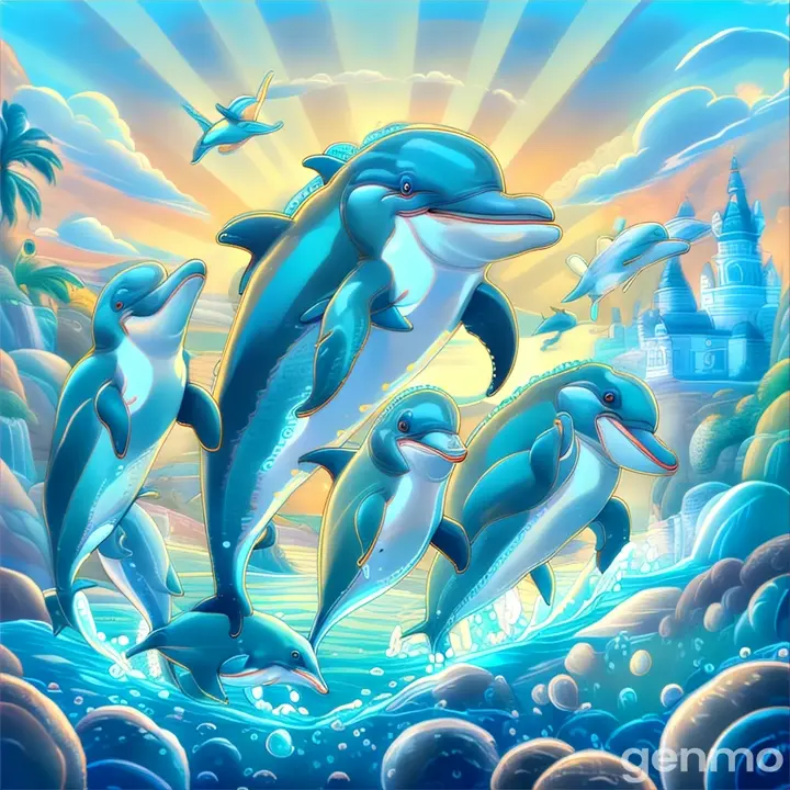 a painting of three dolphins jumping in the air