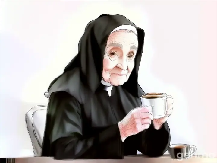 a drawing of a nun holding a cup of coffee