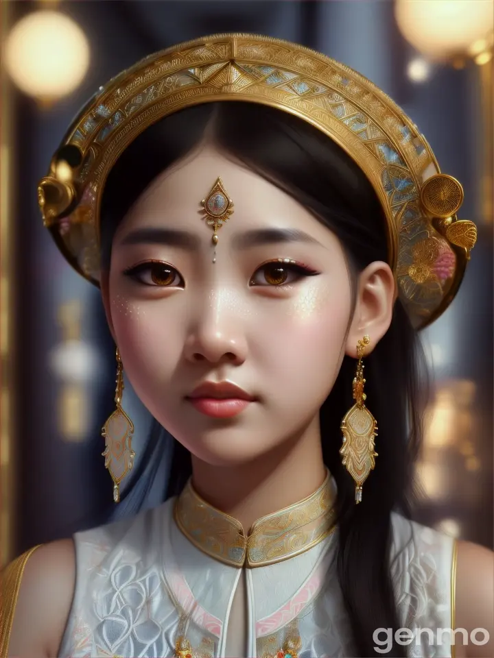 An oriental girl with a wild face in a tennis dress and embroidered earrings