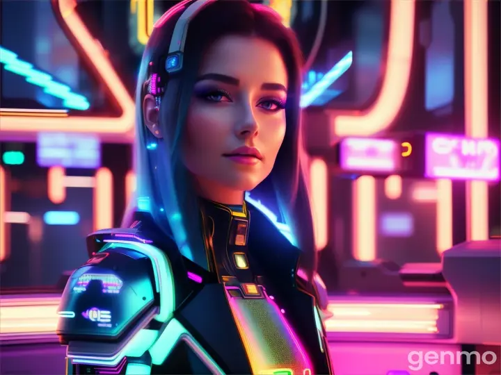 A BEAUTIFUL EUROPEAN woman in a futuristic look stands in front of neon lights. Artificial intelligence.