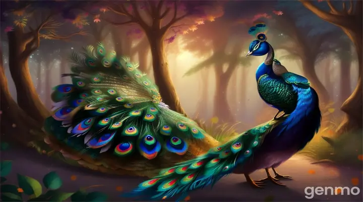 playful cartoon of a beautiful peacock sleeping in the night in a forest in 16:9 ratio