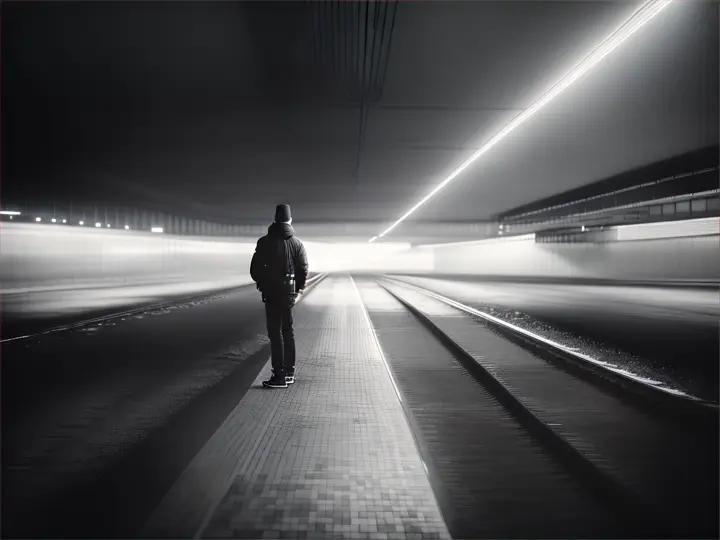 A person standing on a deserted metro station platform, with the empty tracks stretching into the distance