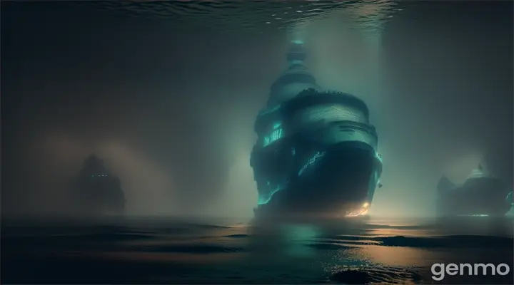 The murky abyss of the deep sea, with faint shapes of a sunken ship covered in seaweed and an anicent underwater city slowly being swallowed by the ocean