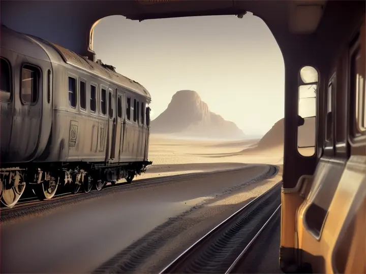 An old train conductor and his locomotive driving through a vast, sandy desert