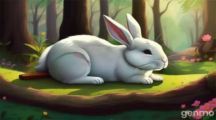 playful cartoon of a rabbit sleeping in a forest in 16:9 ratio