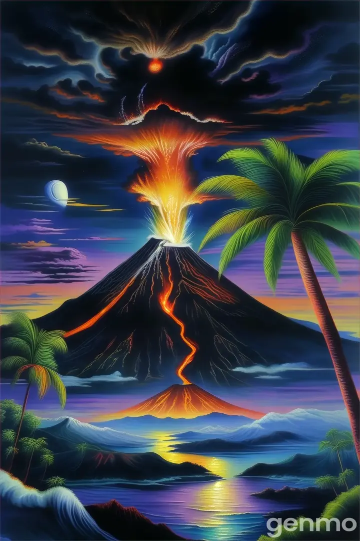 a painting of a volcano on a night sky