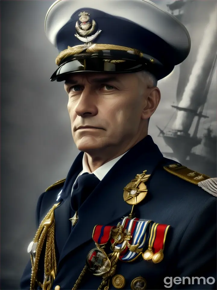 	Dressed in a worn but distinguished naval uniform, complete with medals and a captain's hat.