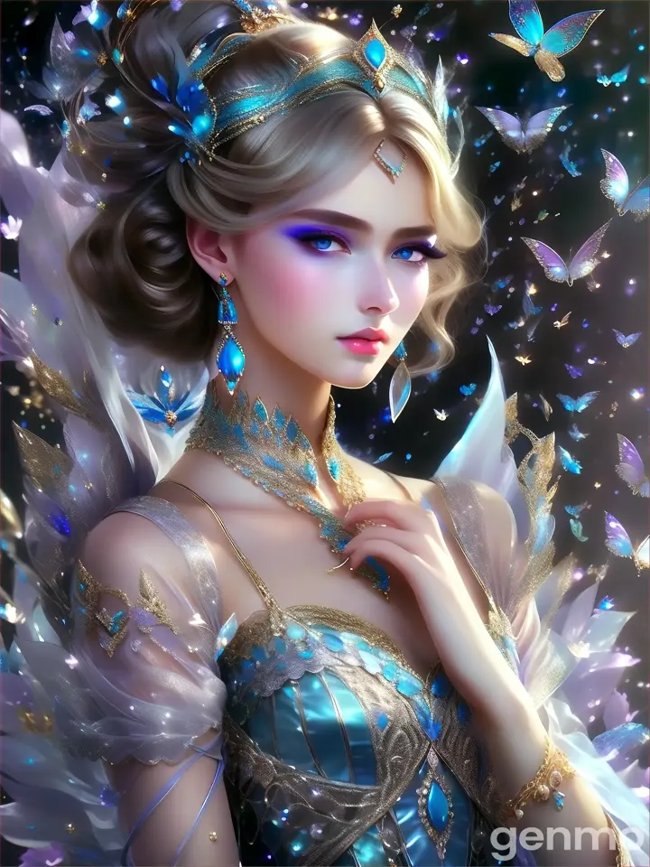 Model with compelling earrings and a shimmering headpiece surrounded by an otherworldly blue wilderness