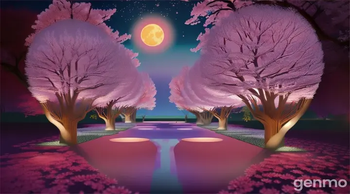 A grove of cherry blossoms at night, glowing under the moonlight, with floating lanterns casting warm light, in the style of a Japanese woodblock print