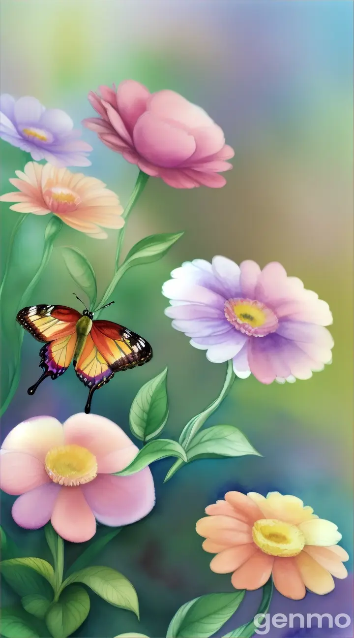 Dancing flowers, butterfly garden in dreamy watercolor style with soft edges and blended hues