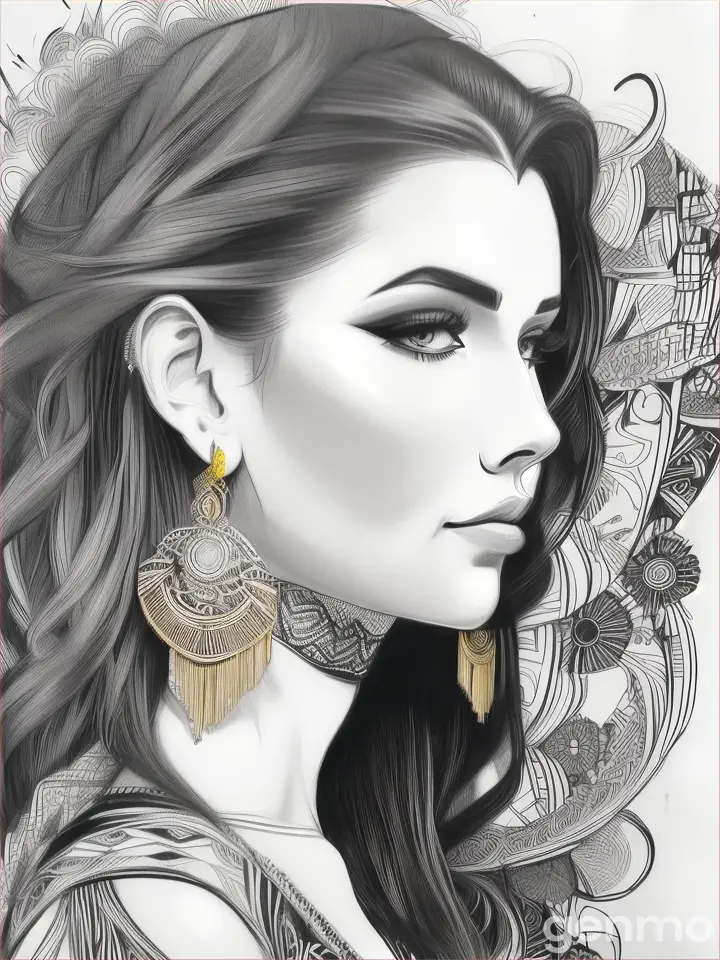 a drawing of a woman with dark hair with very big boho earring