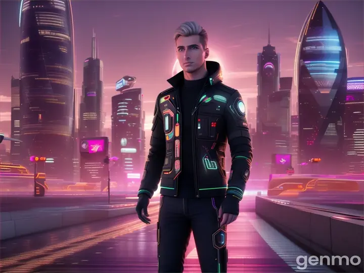 image from 2300 year: EUROPEAN man in a futuristic Artificial look stands in front of neon lights.