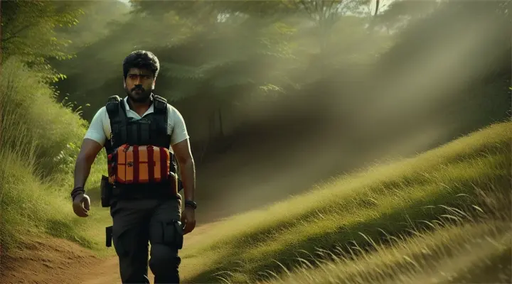 Create a cinematic, realistic video of vivegam Tamil movie Tamil actor Ajith Kumar on the slope of a fertile  jungle hill, walking fastly upwards on jungle hill, with a beard, some wounds on his face, hands and legs, blood bleeding from face ,hand leg wounds,fierce eyes staring into the camera, and a sharp, Ajith walking with the help of stout wooden stick in his hand, who seems to have lived in the wild for a long time, and many dangers are hidden in the jungle,long wide angle, Ajith wearing full sleeve gray coat Full sleeve jeans, Woodland shoes,