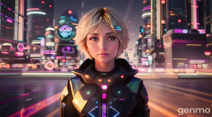 image from 2300 year: LIGHT-HAIRED, SHORT-HAIRED JEW in a futuristic Artificial look stands in front of neon lights.