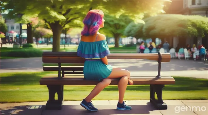 The scenes around her transform from gray to vibrant colors, symbolizing her changing perspective. She interacts more positively with others, illustrated by warm, friendly exchanges with colleagues and friends.