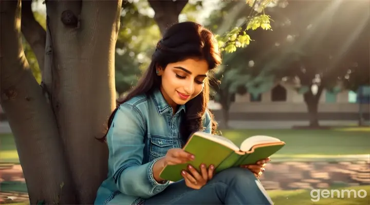 8k wide shot: The Pakistani woman, wearing jeans and a stylish shirt, is sitting under a tree, reading a book. The Pakistani man, also in modern jeans and a shirt, notices her from afar. As he approaches, their eyes meet, and a shy smile spreads across her face. The scene captures the subtle, blossoming affection between them.