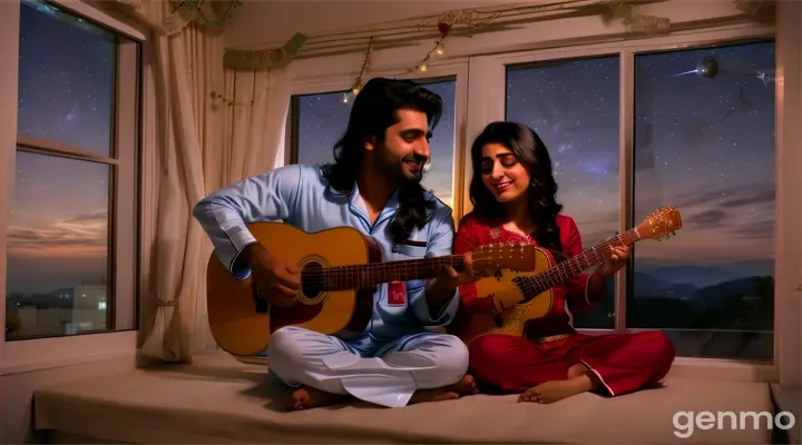 8k wide shot: The Pakistani woman, in modern pajamas, is standing by a window, looking out at the stars. The Pakistani man, dressed casually in a stylish shirt and jeans, appears below her window with a guitar, softly playing a romantic tune. She opens the window, and they exchange smiles as he serenades her. The scene captures the serenity and romance of the moment.