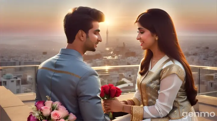 8k wide shot: The young Pakistani man, dressed in a sleek modern outfit, surprises the young Pakistani woman, also dressed stylishly, with a bouquet of roses. As they sit together, their hands touch, and they share a tender moment, lost in each other's eyes. The camera captures this intimate moment with a beautiful panoramic view of the city in the background.