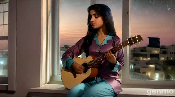 8k wide shot: The young Pakistani woman, in modern pajamas, is standing by a window, looking out at the stars. The young Pakistani man, dressed casually in a stylish shirt and jeans, appears below her window with a guitar, softly playing a romantic tune. She opens the window, and they exchange smiles as he serenades her. The scene captures the serenity and romance of the moment.