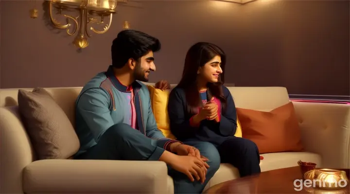 8k wide shot: The young Pakistani couple, dressed in comfortable modern attire, is seated on a plush couch, talking late into the night. They are engrossed in deep conversation, laughing and sharing sweet moments. The young Pakistani man gently holds her hand, and the young Pakistani woman leans on his shoulder, feeling completely at ease. The camera captures the warmth and closeness between them.