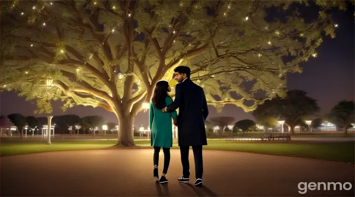 8k wide shot: In a serene park, a young Pakistani couple in modern casual outfits walk hand in hand. They stop under a large tree, embracing under the starlit sky. The young man whispers sweet nothings into her ear, making her smile, as the camera captures the vast landscape and their intimate connection.