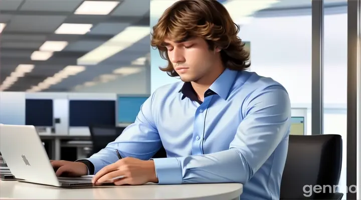 at 21st floor, inside the office, a man with Fringe long brown hair in sky blue long sleeve formal shirt sitting at the office desk using a white laptop