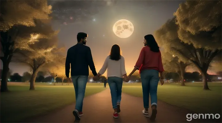 8k wide shot: The young Pakistani man and woman, both dressed in modern jeans and shirts, walk hand in hand through the park, eventually stopping to embrace under the starlit sky. The young Pakistani man whispers sweet nothings into her ear, and she smiles, feeling his love. The shot showcases the vastness of the landscape and the intimacy of their connection.
