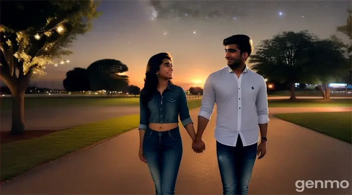 8k wide shot: The young Pakistani man and woman, both dressed in modern jeans and shirts, walk hand in hand through the park, eventually stopping to embrace under the starlit sky. The young Pakistani man whispers sweet nothings into her ear, and she smiles, feeling his love. The shot showcases the vastness of the landscape and the intimacy of their connection.