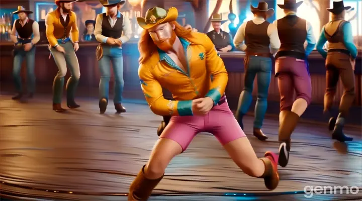 A long haired ginger guy in a pride inspired colorful cowboy costume dancing on the dancefloor while the other cowboys watch him from across the bar , high quality, cinematic, 8k octane render,